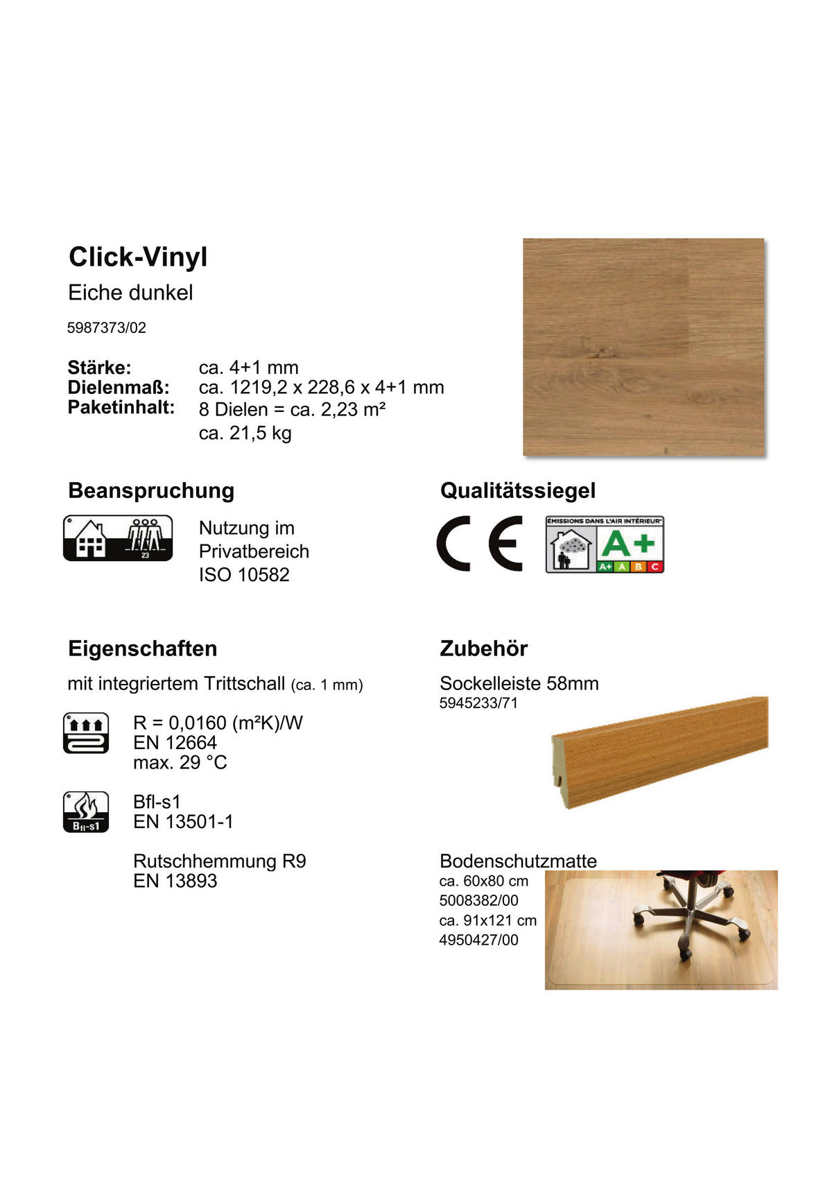 Click-Vinylboden Eiche dunkel ca. 2,23 m² im Paket  B/L: ca. 22,8x121,92 cm pro Paket Eiche dunkel ca. 2,23 m² im Paket - (22,80/121,92cm)