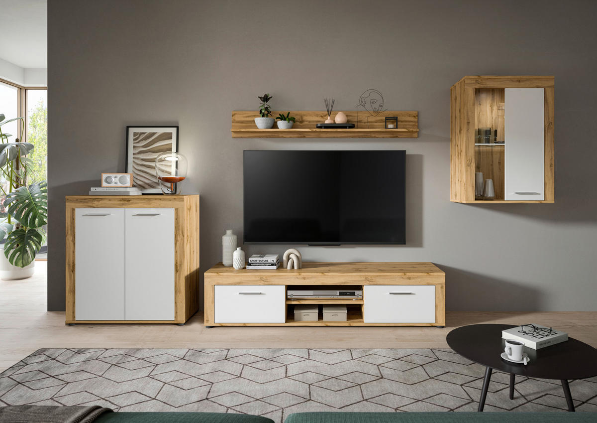 Wohnwand Jam Eiche Wotan Nachbildung weiß B/H/T: ca. 330x169x35 cm Jam - Eiche/weiß (330,00/169,00/35,00cm) - xonox.home