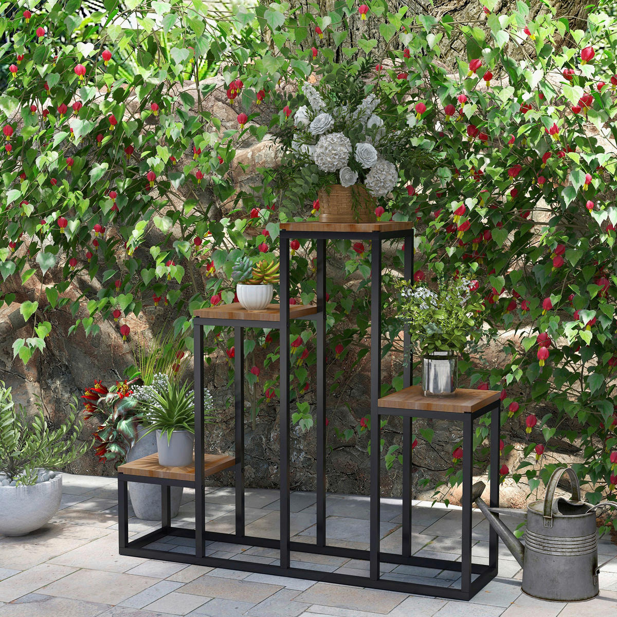 Outsunny Blumenregal hellbraun Holz B/H/L: ca. 20x74x80 cm Blumenregal - hellbraun/schwarz (80,00/20,00/74,00cm) - Outsunny