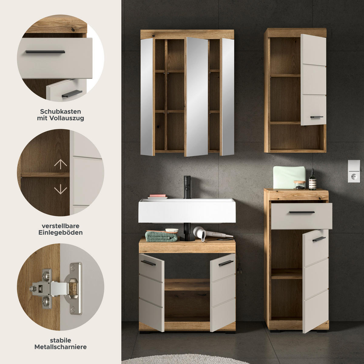 Badezimmer-Set Scout Evoke Oak Nachbildung Kaschmirgrau Nachbildung B/H/T: ca. 112x191x34 cm Scout - Kaschmirgrau (112,00/191,00/34,00cm) - xonox.home
