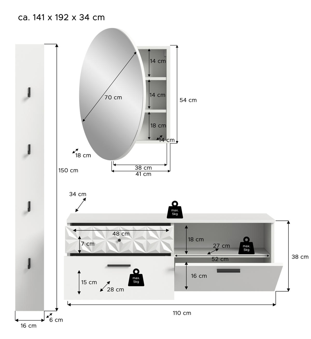 Garderobe Prisma weiß weiß Hochglanz B/H/T: ca. 141x192x34 cm Prisma - weiß (141,00/192,00/34,00cm) - xonox.home