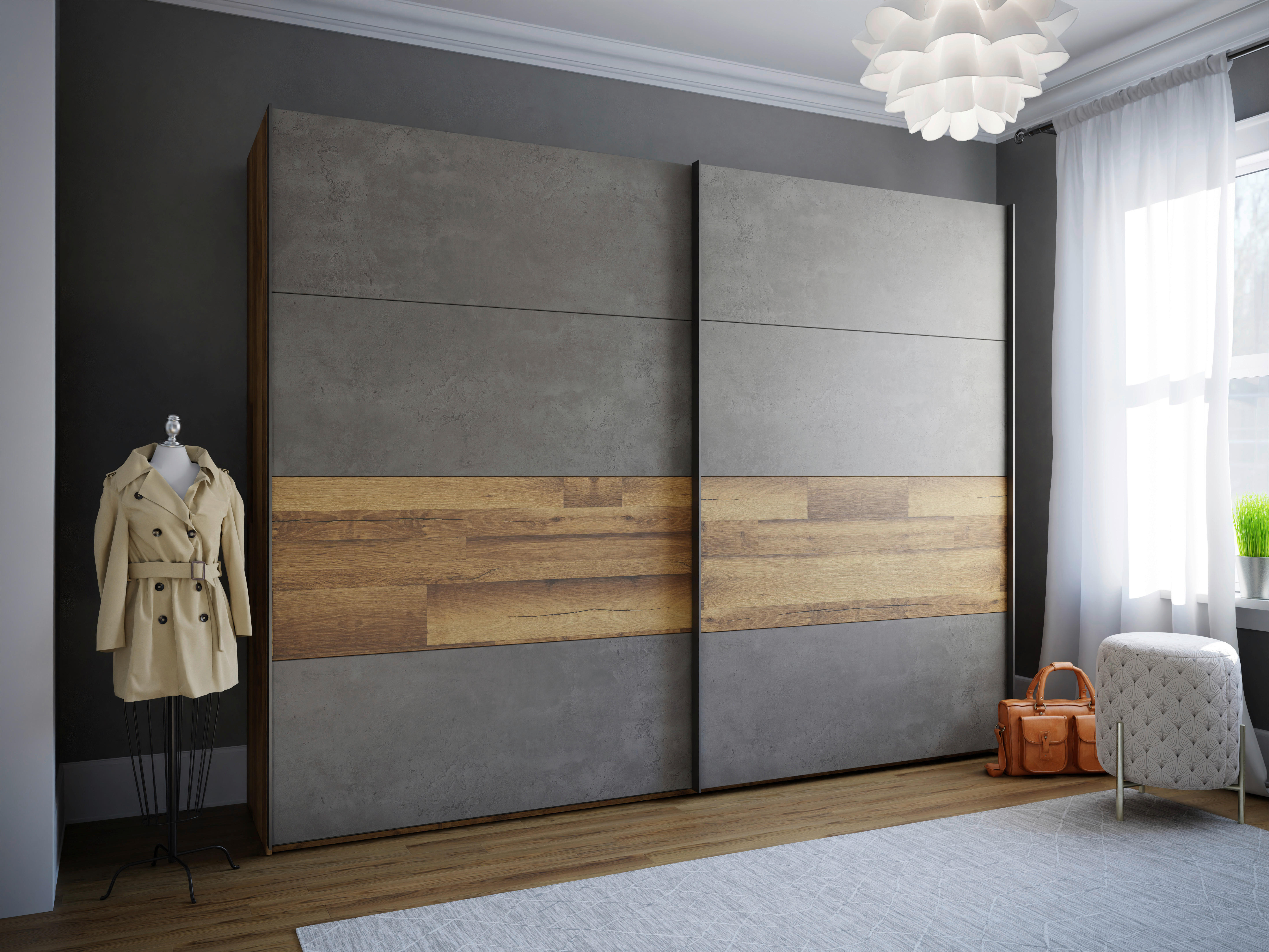 Schwebetürenschrank  Stabeiche Nachbildung dunkelgrau Beton Optik B/H/T: ca. 270x211x61 cm Ricciano_Schwebetürenschrank - dunkelgrau (270,00/211,00/61,00cm)