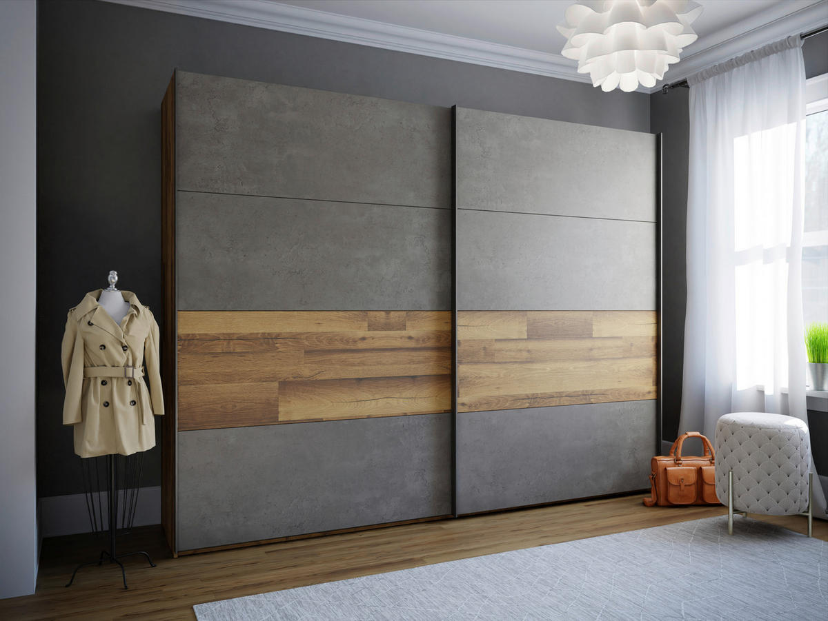 Schwebetürenschrank  Stabeiche Nachbildung dunkelgrau Beton Optik B/H/T: ca. 270x211x61 cm Ricciano_Schwebetürenschrank - dunkelgrau (270,00/211,00/61,00cm)