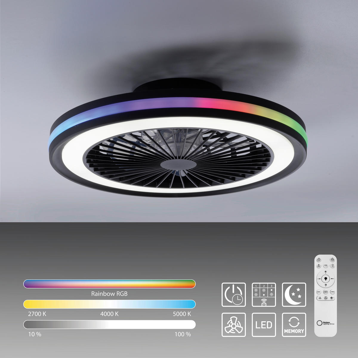 Just Light LED-Deckenventilator schwarz B/H/L: ca. 45,5x14x45,5 cm max. 36 W LED-Deckenventilator_Brandon - schwarz (45,50/45,50/14,00cm) - Just Light