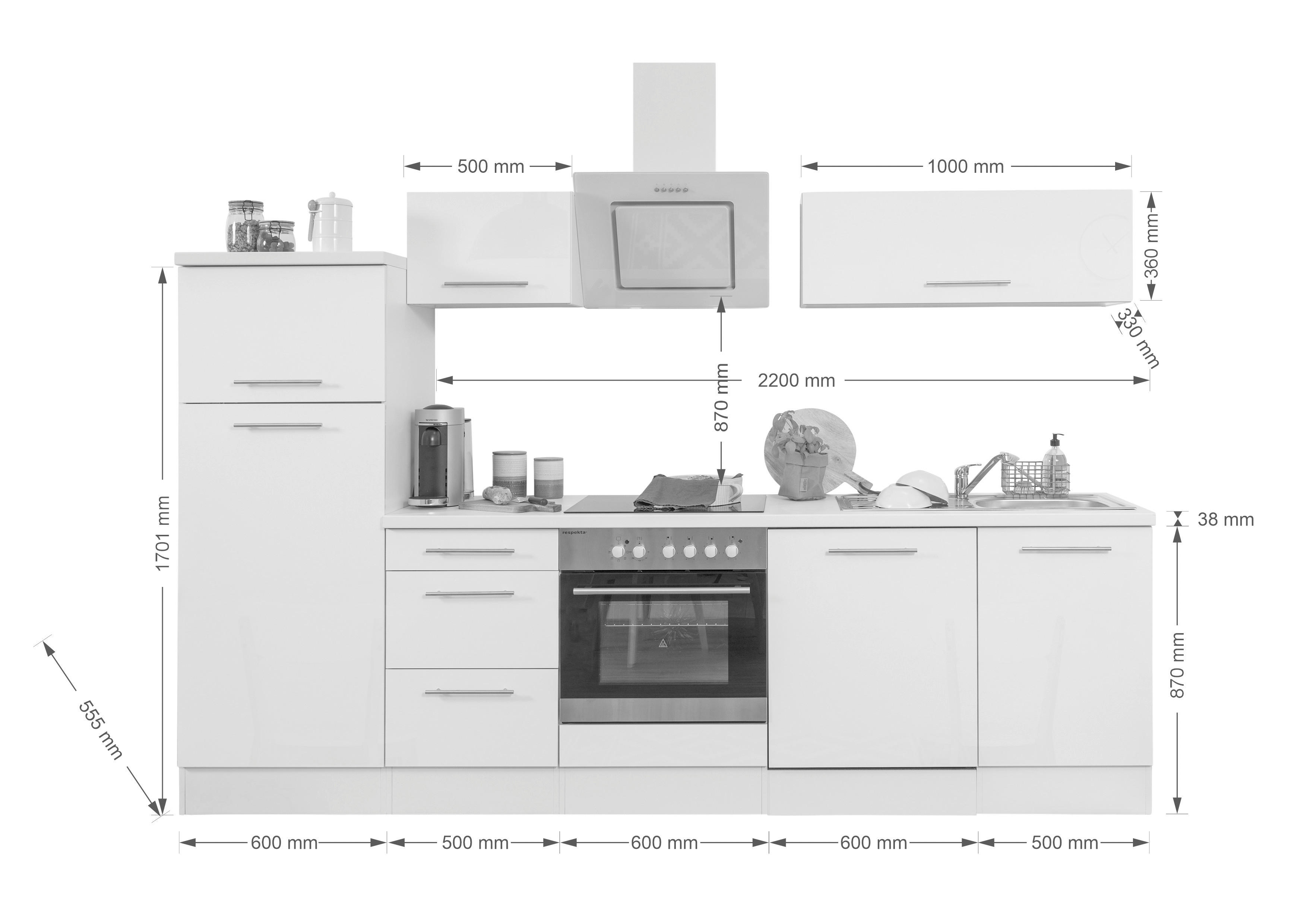 Respekta Küchenblock Premium grau hochglänzend B/H/T: ca. 280x200x60 cm Premium - Eiche/grau (280,00/200,00/60,00cm)