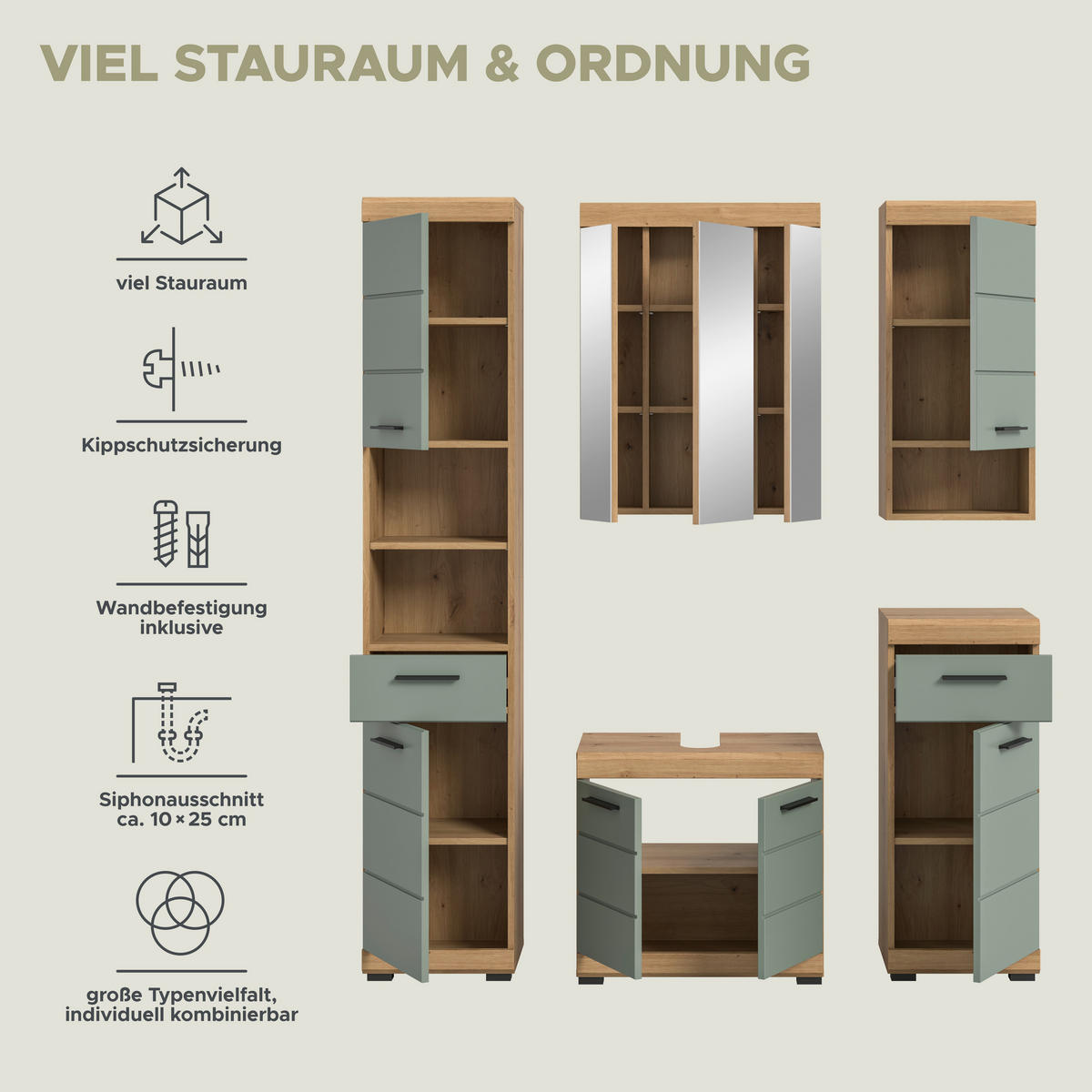 Badezimmer-Set Scout Eiche Artisan Nachbildung salbei Nachbildung B/H/T: ca. 164x191x34 cm Scout - Eiche/salbei (164,00/191,00/34,00cm) - xonox.home