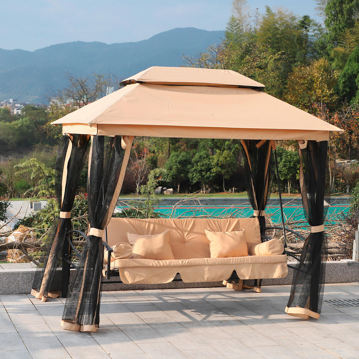 Outsunny Gartenschaukel beige Stahl B/H/T: ca. 232x245x149 cm Gartenschaukel - beige (232,00/245,00/149,00cm) - Outsunny