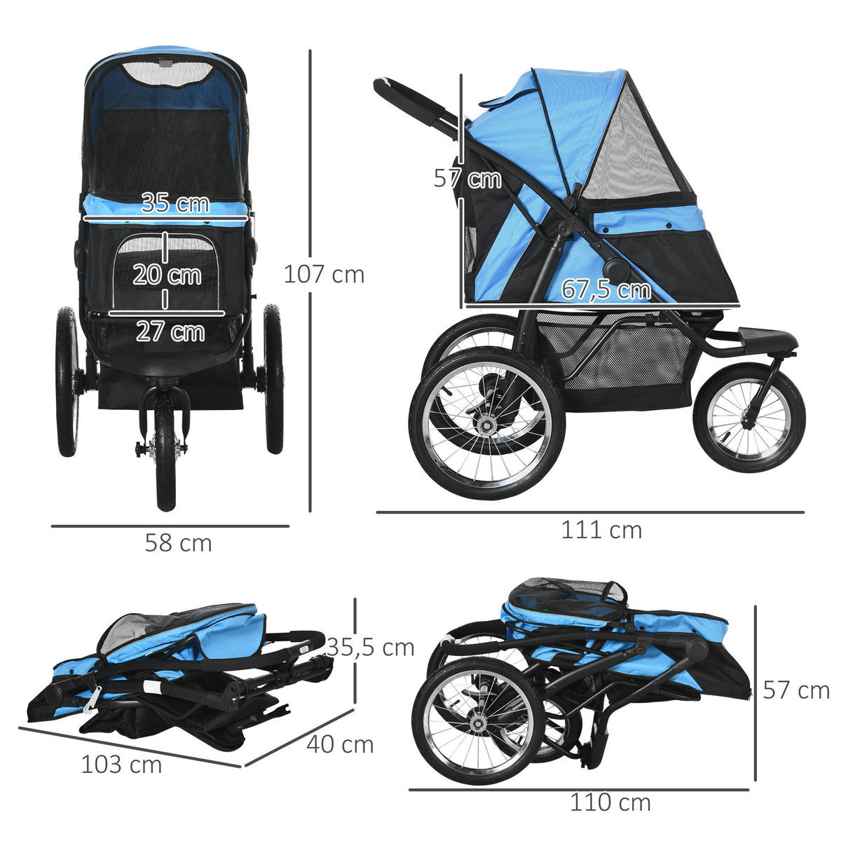 PawHut Hunde-Zubehör blau Edelstahl B/H/L: ca. 58x111x107 cm Hundebuggy - blau (107,00/58,00/111,00cm) - PawHut