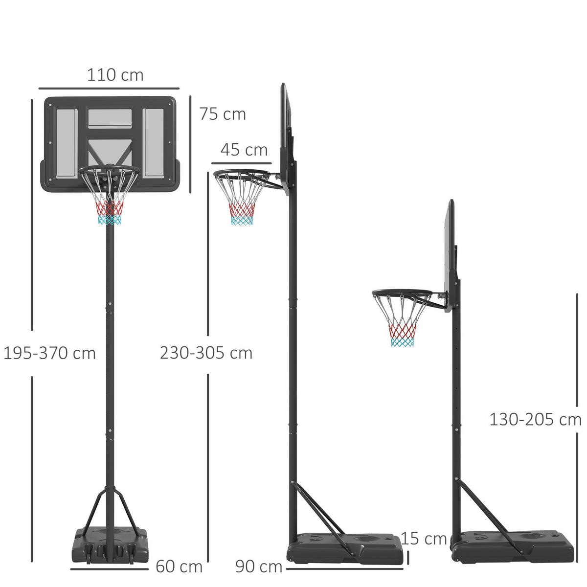 SPORTNOW Basketballkorb schwarz B/H/L: ca. 60x90x370 cm Basketballständer - schwarz (370,00/60,00/90,00cm) - SPORTNOW