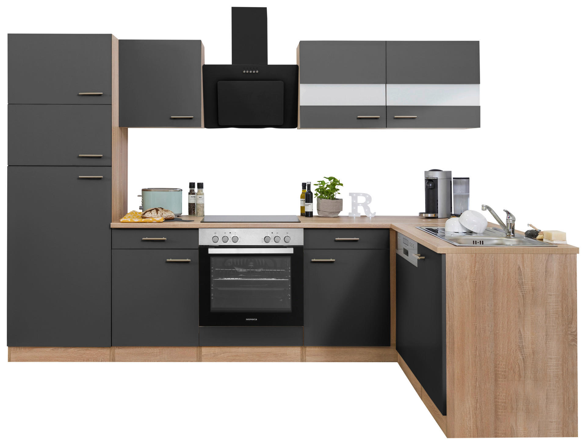 Respekta Winkelküche Economy grau matt B/H/T: ca. 280x200x172 cm Economy - Eiche/grau (280,00/200,00/172,00cm) - Respekta