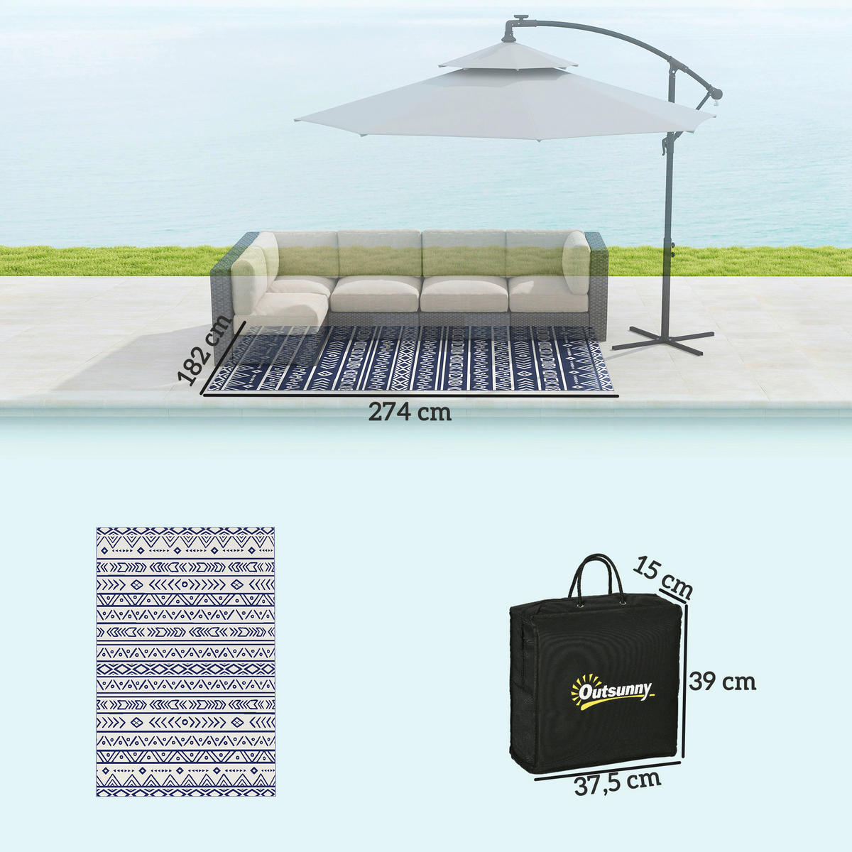 Outsunny Outdoor-Teppich blau B/H/L: ca. 274x1x182 cm Outdoorteppich - blau/weiß (182,00/274,00/1,00cm) - Outsunny