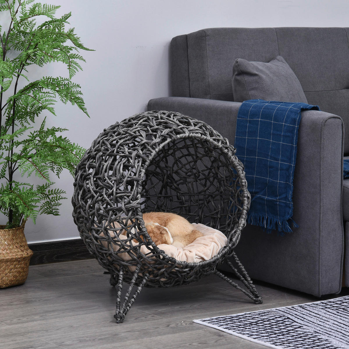 PawHut Katzenkorb Silbergrau Rattan B/H/L: ca. 52x58x52 cm Katzenkorb - Silbergrau (52,00/52,00/58,00cm) - PawHut