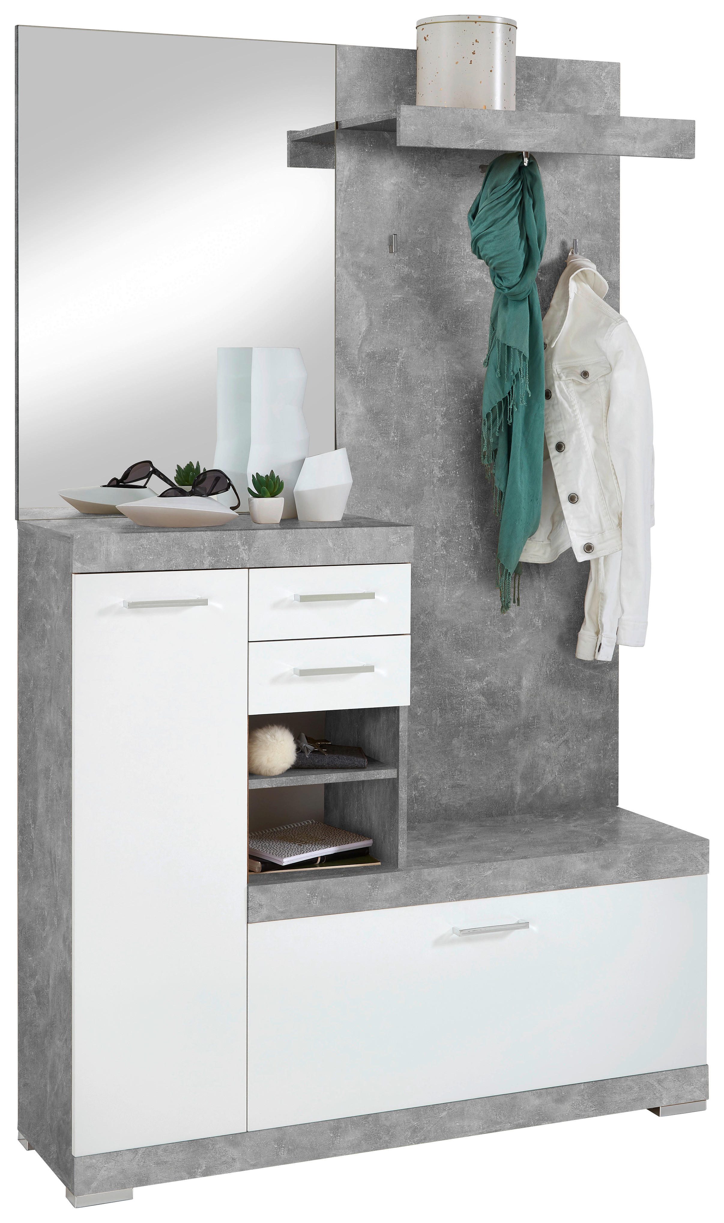 Garderobe  Beton Optik weiß glänzend B/H/T: ca. 120x193,5x35,5 cm Bristol_Kompaktgarderobe 1000 - weiß (120,00/193,50/35,50cm)