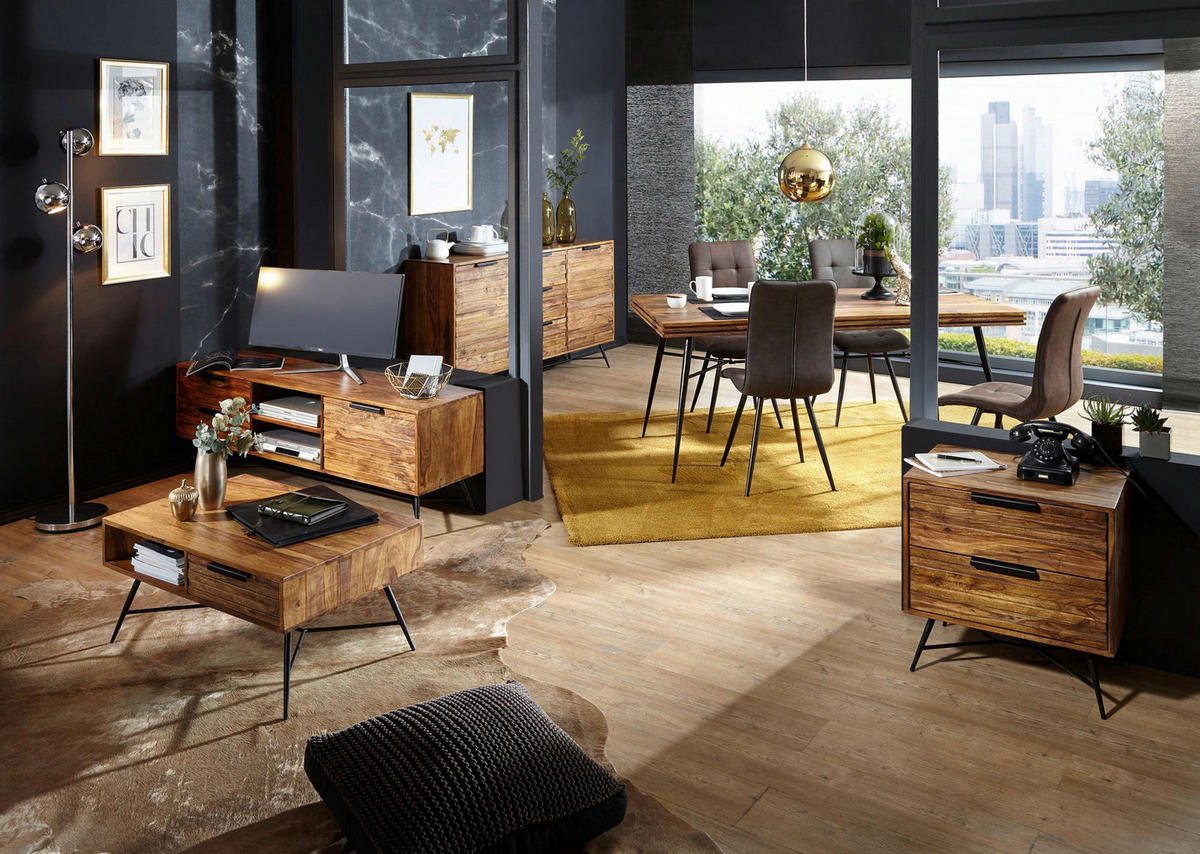 Wohnling Couchtisch natur schwarz Echtholz Metall B/H/T: ca. 87x41x55 cm Couchtisch - natur/schwarz (87,00/41,00/55,00cm) - Wohnling