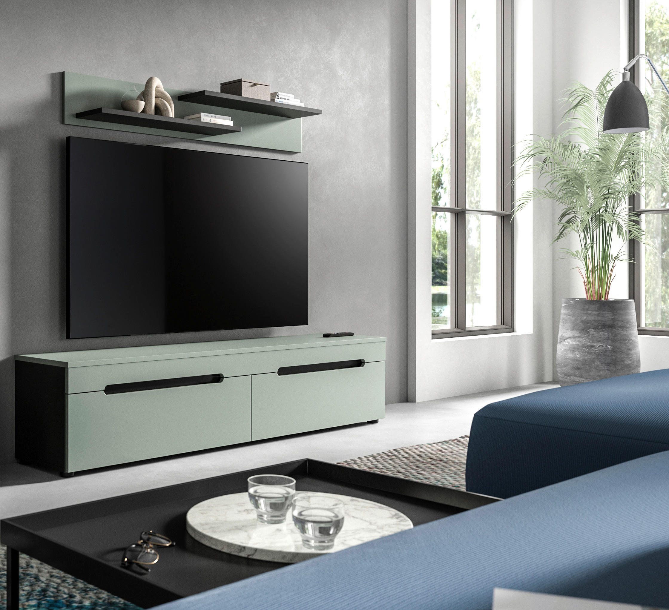 TV-Lowboard Canu grün basaltgrau Nachbildung B/H/T: ca. 170x38x33 cm Canu - basaltgrau/grün (170,00/38,00/33,00cm) - xonox.home