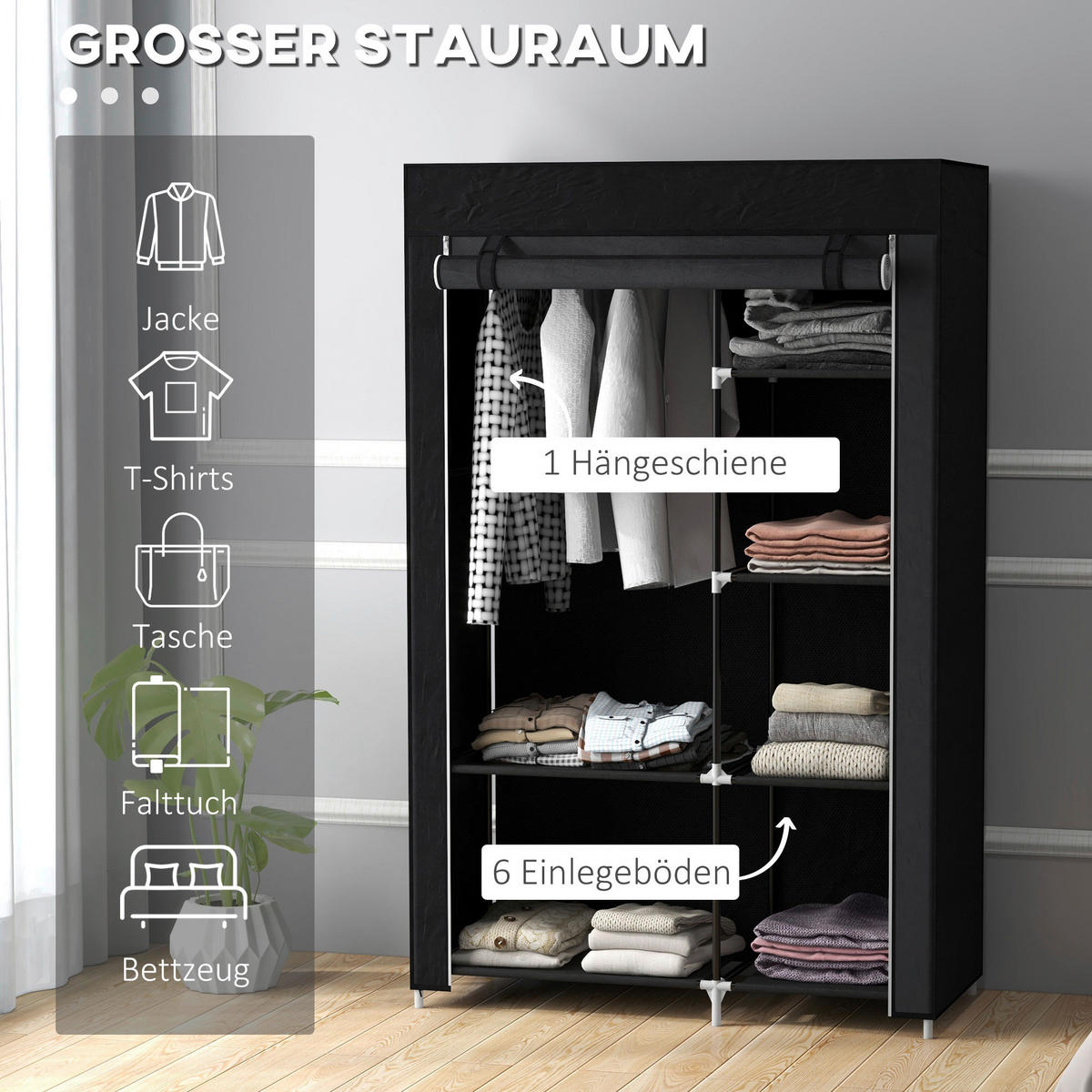 HOMCOM Kleiderschrank schwarz Polypropylen B/H/L: ca. 43x103x162,5 cm Stoffschrank - schwarz (162,50/43,00/103,00cm) - HOMCOM