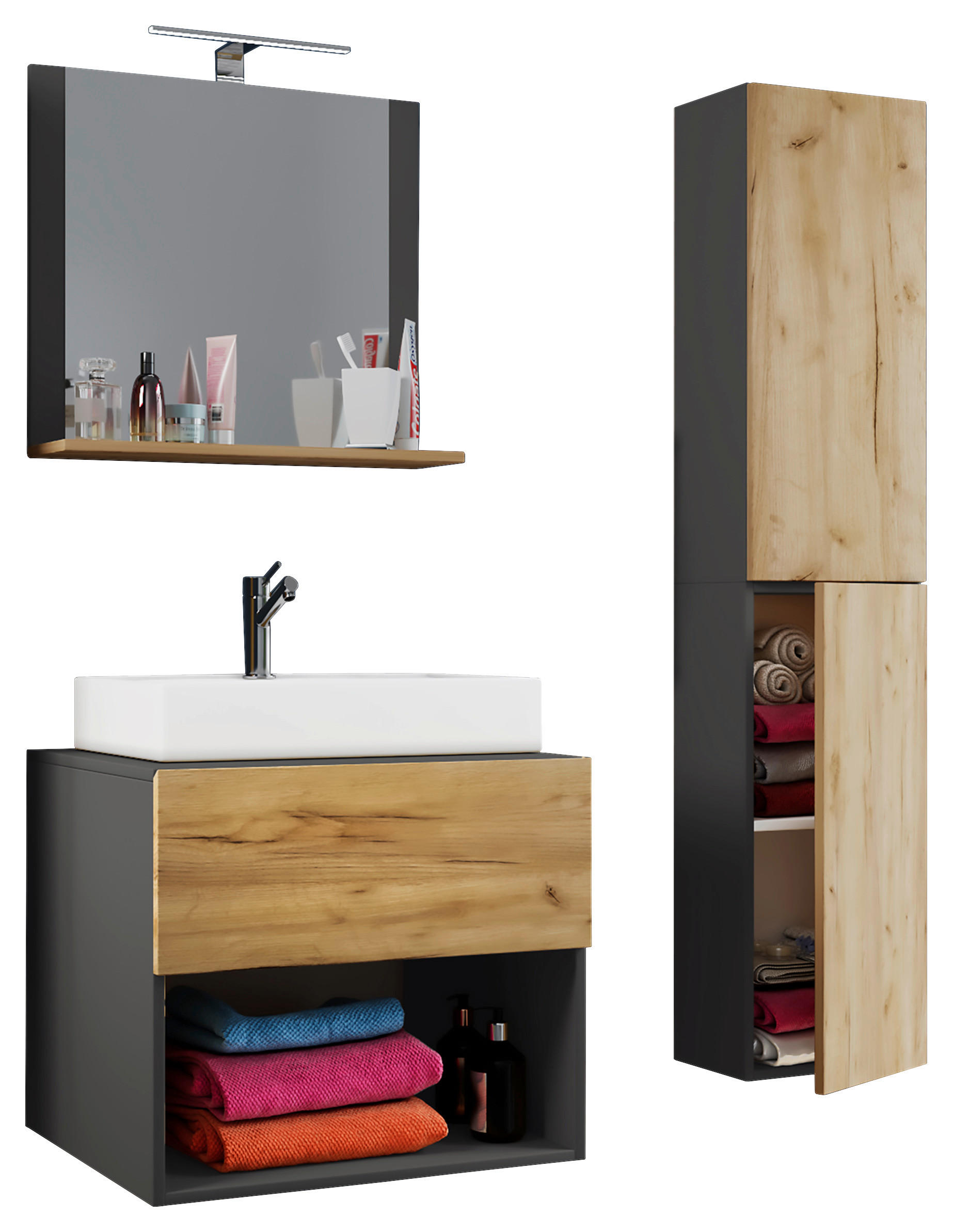 Waschplatz 4tlg-Lendas weiß anthrazit Eiche Honig Nachbildung B/H/T: ca. 60x52x52 cm 4tlg-Lendas - Eiche/weiß (60,00/52,00/52,00cm) - VCM Möbel