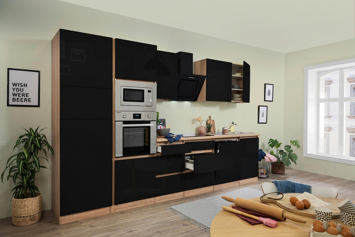 Respekta Küchenblock Premium schwarz hochglänzend B/H/T: ca. 345x220,5x60 cm Premium - Eiche/schwarz (345,00/220,50/60,00cm) - Respekta