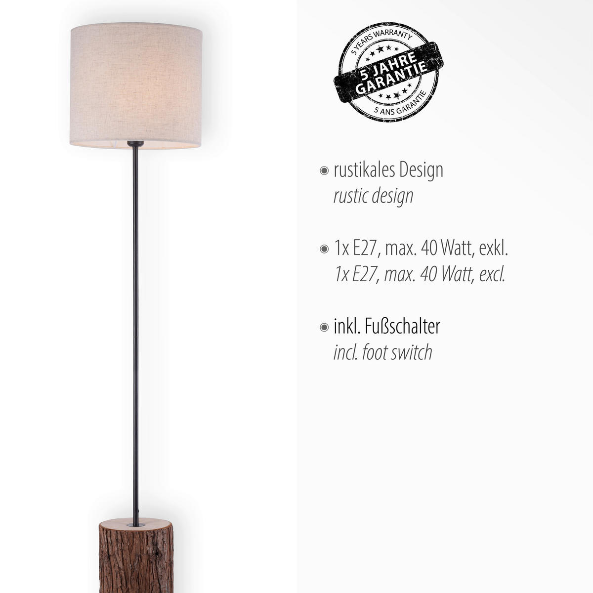 Just Light Stehleuchte BARK 11234-79 natur weiß Stoff Eisen Holz H/D: ca. 165x35 cm E27 1 Brennstellen BARK - weiß/natur (35,00/165,00cm) - Just Light