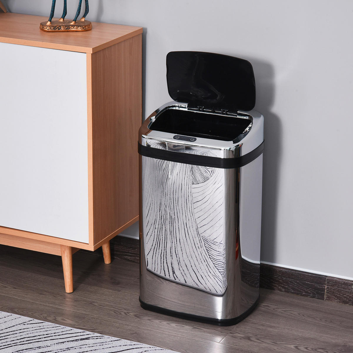 HOMCOM Mülleimer silber B/H/L: ca. 25x58x33 cm Automatik_Mülleimer silber - schwarz/silber (33,00/25,00/58,00cm) - HOMCOM