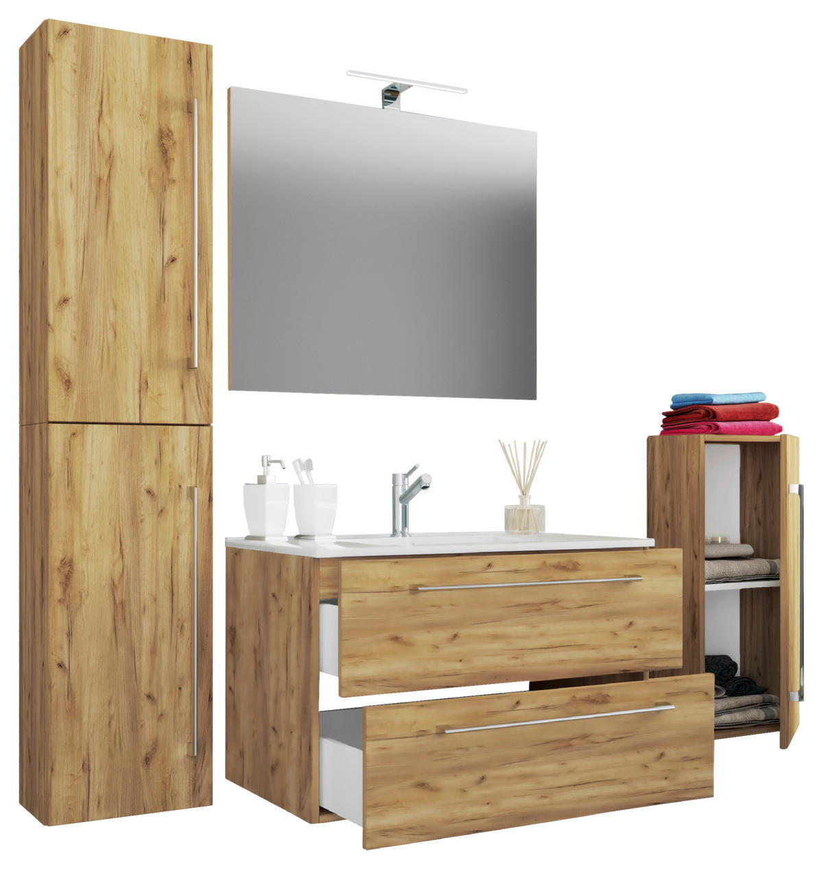 Waschplatz 5tlg-Badinos weiß Eiche Honig Nachbildung B/H/T: ca. 81x52x46 cm 5tlg-Badinos - Eiche/weiß (81,00/52,00/46,00cm) - VCM Möbel