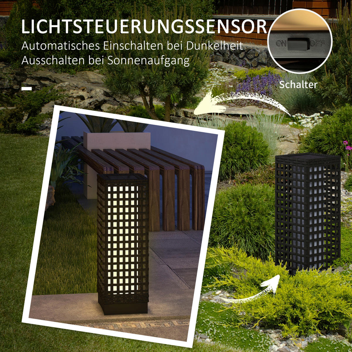 Solarleuchte 867-130V00BK schwarz Polypropylen Edelstahl Polyrattan B/H/L: ca. 15,5x15,5x46 cm Rattan_Solarleuchte - schwarz (46,00/15,50/15,50cm) - Outsunny