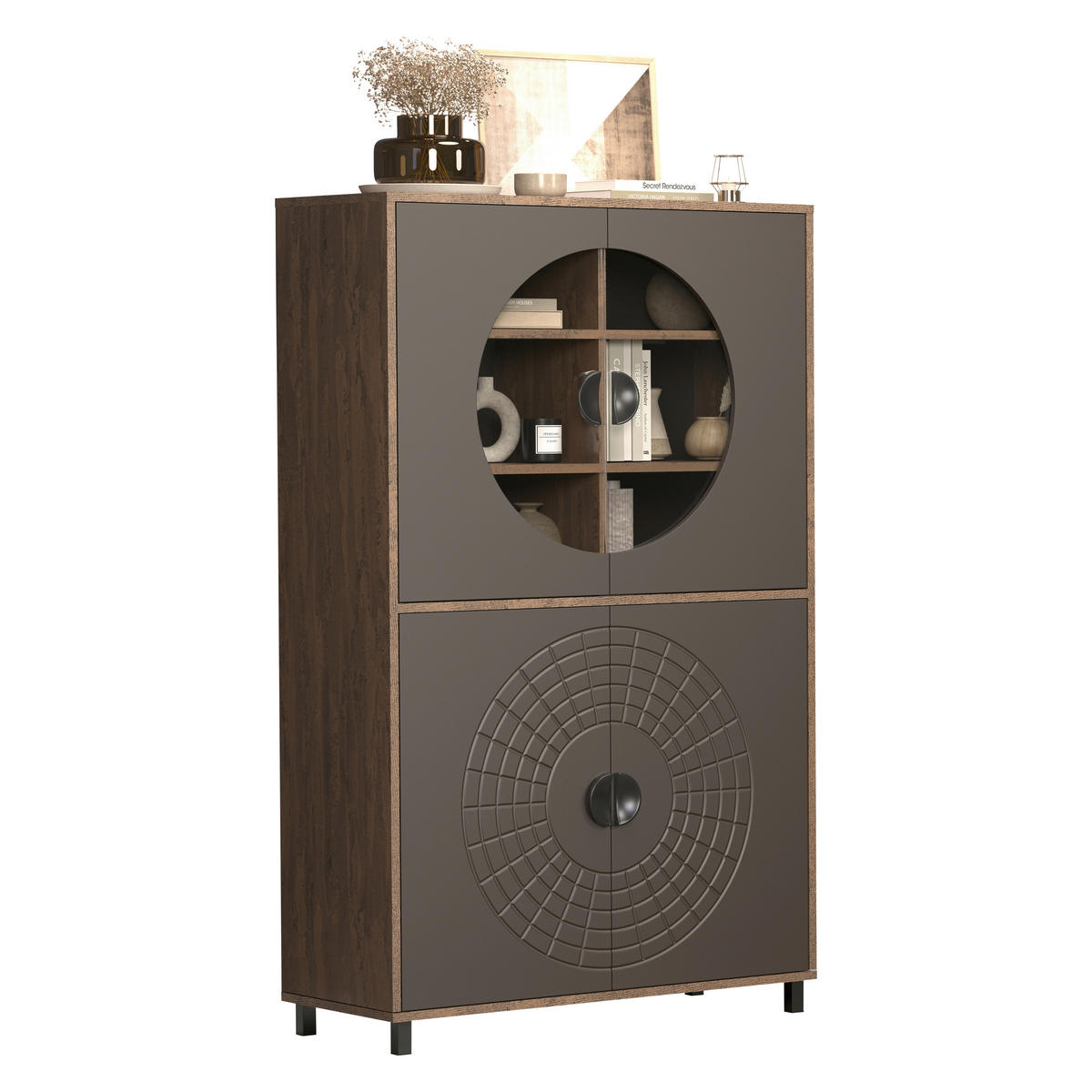 Highboardvitrine Fusion Eiche dunkel Nachbildung bronze Optik B/H/T: ca. 97x163x42 cm Fusion - Eiche/bronze (97,00/163,00/42,00cm)