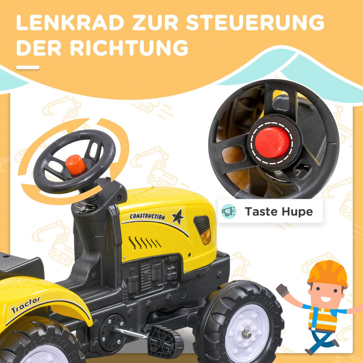 HOMCOM Kinder-Fahrzeug gelb B/H/L: ca. 42x133x51 cm Trettraktor - gelb (51,00/42,00/133,00cm) - HOMCOM