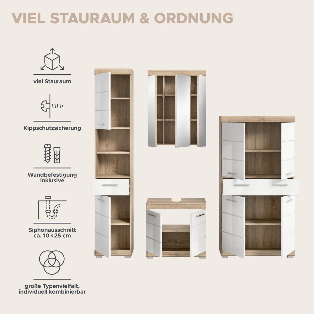 Badezimmer-Set Lambada Eiche Sonoma Nachbildung weiß Hochglanz B/H/T: ca. 186x191x34 cm Lambada - Eiche/weiß (186,00/191,00/34,00cm) - xonox.home