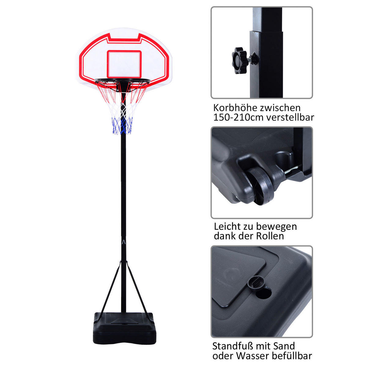 HOMCOM Basketballkorb schwarz B/H/L: ca. 73x210x74 cm Kinder_Basketballkorb - weiß/rot (74,00/73,00/210,00cm) - HOMCOM