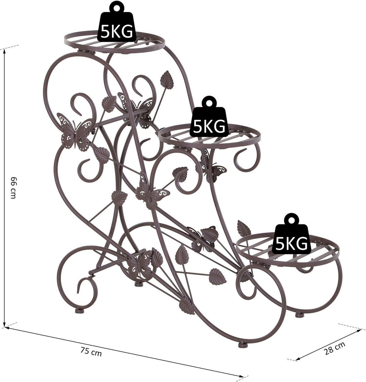 Outsunny Blumenständer bronze Metall B/H/L: ca. 28x66x75 cm Dreistufiges_Blumenständer - bronze (75,00/28,00/66,00cm) - Outsunny