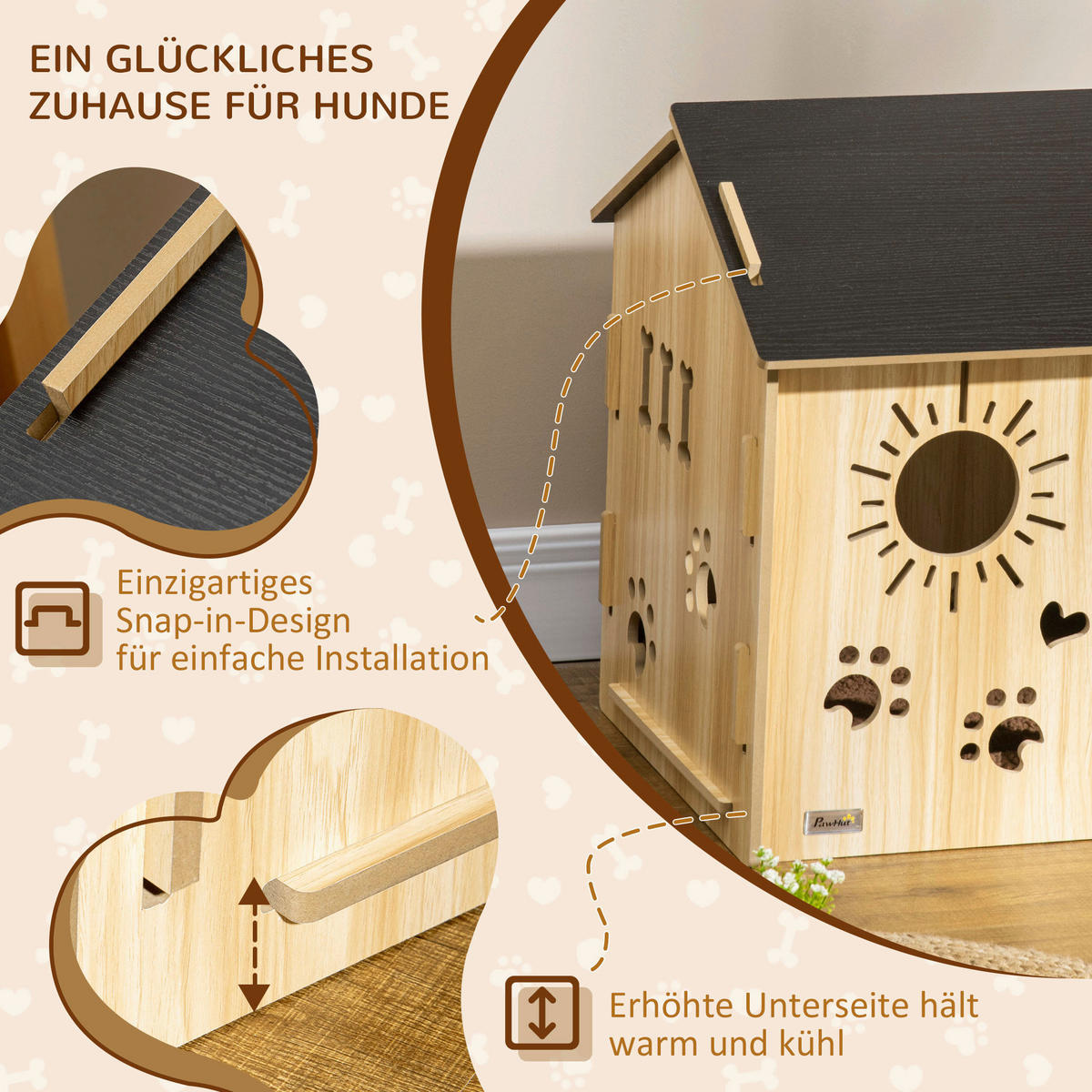 PawHut Hundehütte Eiche MDF B/H/L: ca. 50x58,5x69 cm Hundehütte - Eiche/schwarz (69,00/50,00/58,50cm) - PawHut