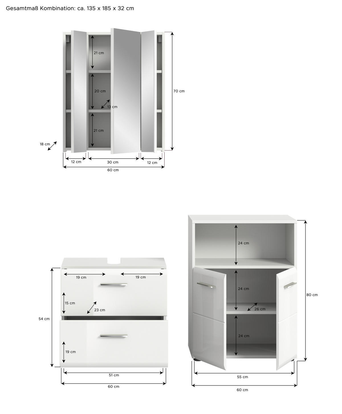 Badezimmer-Set ICE weiß weiß Hochglanz B/H/T: ca. 135x190x32 cm ICE - weiß (135,00/190,00/32,00cm) - xonox.home