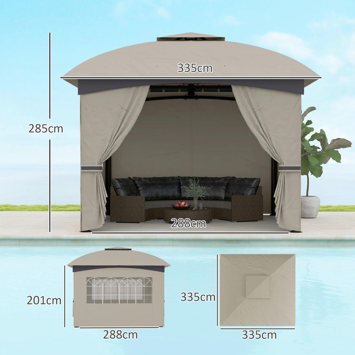 Outsunny Pavillon hellgrau Metall B/H/L: ca. 335x285x335 cm Pavillon - hellgrau (335,00/335,00/285,00cm) - Outsunny