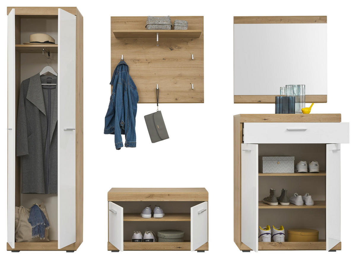 Garderobenschrank Nola Eiche Artisan Nachbildung weiß Hochglanz B/H/T: ca. 55x195x38 cm Nola - Eiche/weiß (55,00/195,00/38,00cm)