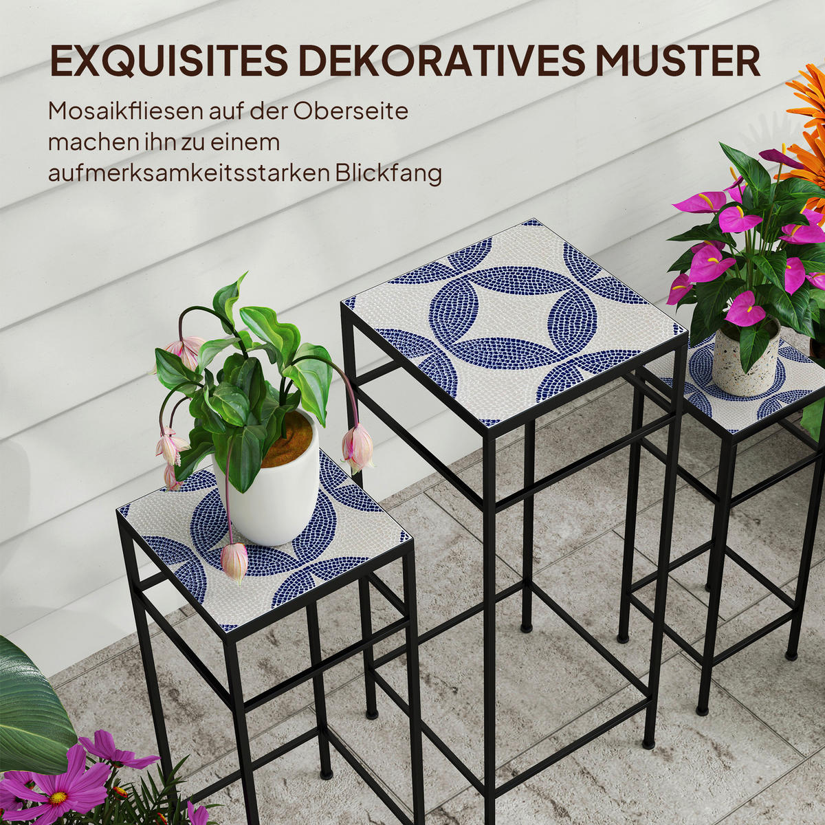 Outsunny Pflanzenständer 3er Set blau Metall B/H/L: ca. 28x71x28 cm Pflanzenständer 3er Set - blau (28,00/28,00/71,00cm) - Outsunny