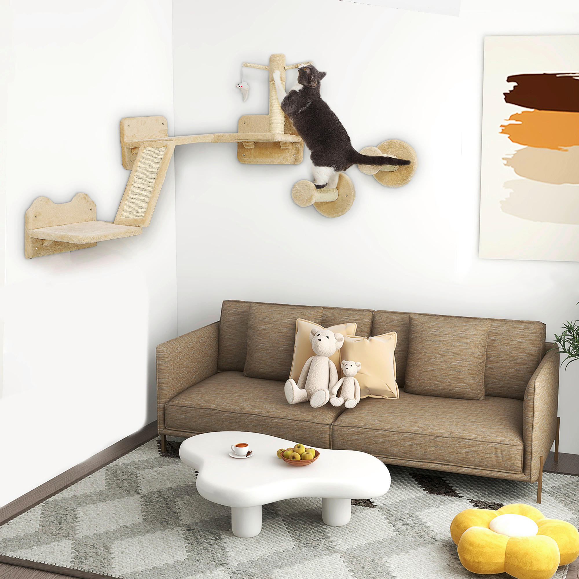 Thumbnail - PawHut Katzen Kletterwand Set beige Plüsch B/H/L: ca. 56x73x110 cm
