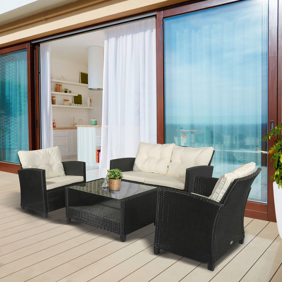 Outsunny Sitzgruppe cremeweiß Polyrattan B/H/L: ca. 68x124x76 cm Gartenmöbel-Set - schwarz/cremeweiß (76,00/68,00/124,00cm) - Outsunny