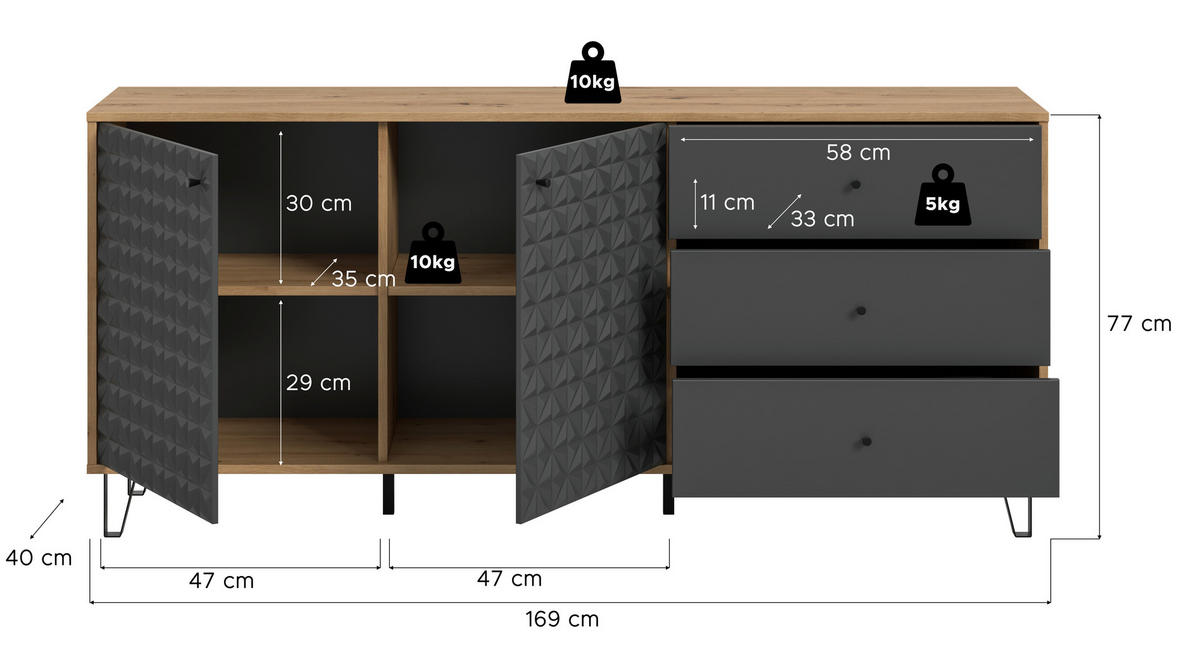 Sideboard PRISMA Artisan Oak Nachbildung anthrazit matt B/H/T: ca. 170x76x40 cm PRISMA - anthrazit (170,00/76,00/40,00cm) - xonox.home