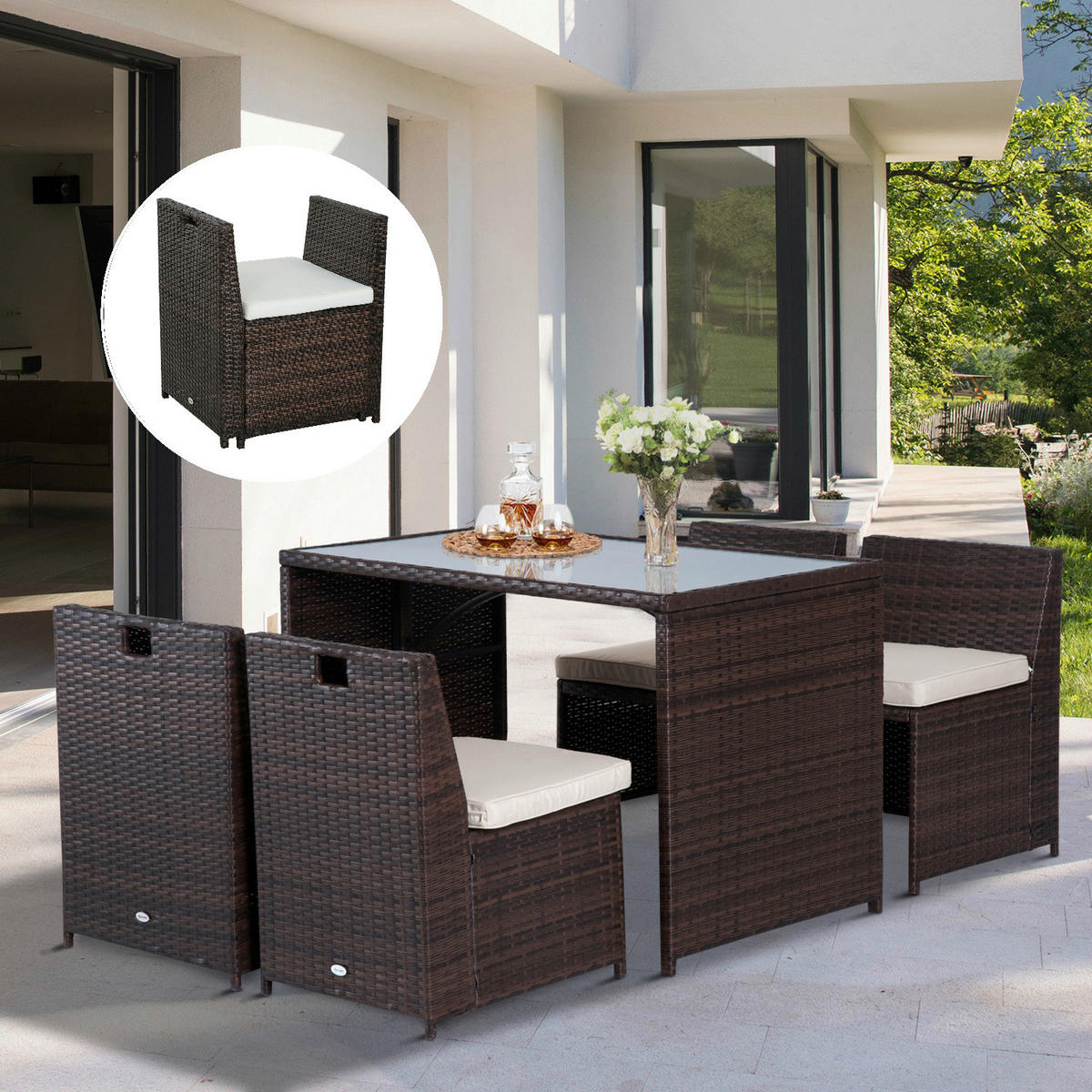 Outsunny Garnitur braun Polyrattan Polyrattan_Garnitur_5tlg. - braun/creme - Outsunny