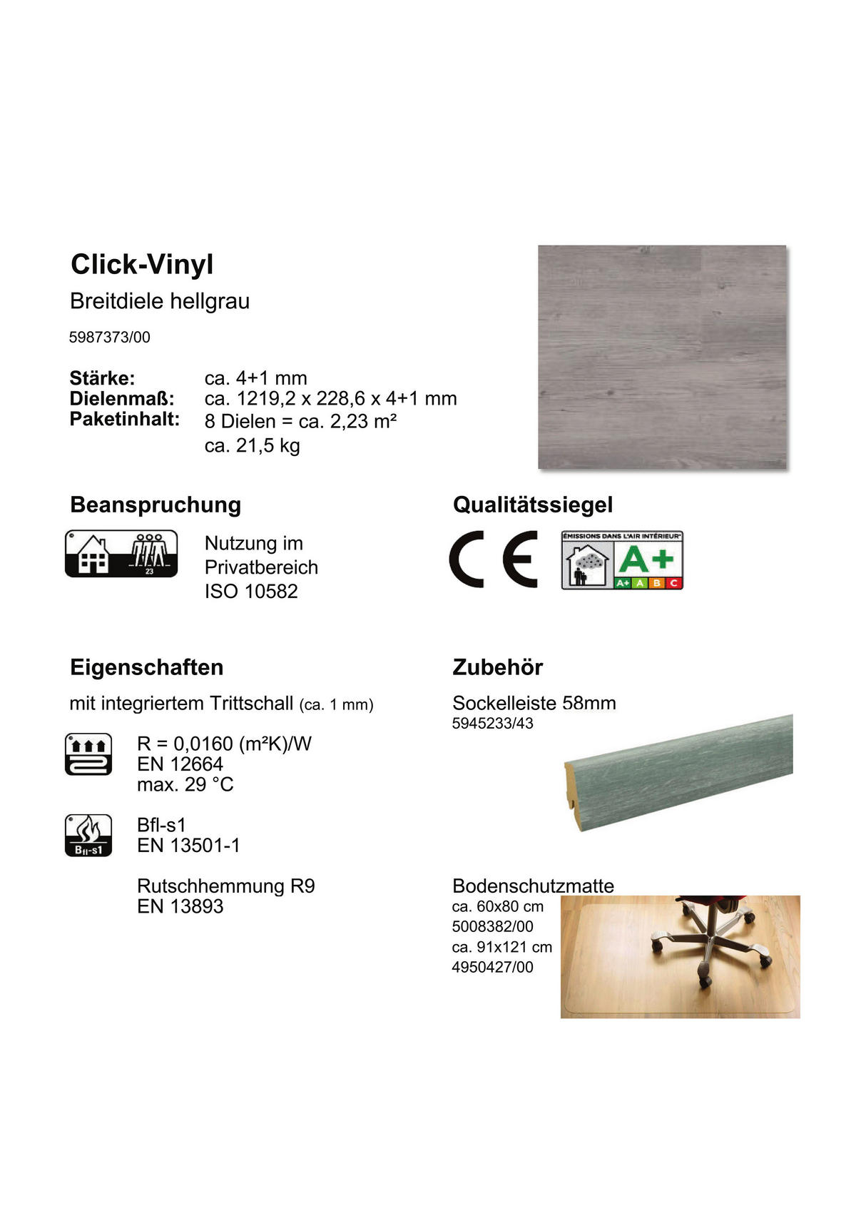 Click-Vinylboden Eiche hellgrau ca. 2,23 m² im Paket  B/L: ca. 22,8x121,92 cm pro Paket Eiche hellgrau ca. 2,23 m² im Paket - (22,80/121,92cm)