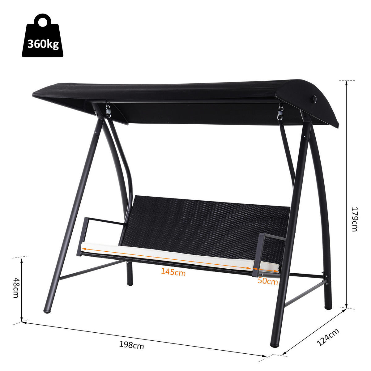 Outsunny Gartenschaukel schwarz Polyrattan B/H/L: ca. 124x179x198 cm Gartenschaukel - creme/schwarz (198,00/124,00/179,00cm) - Outsunny