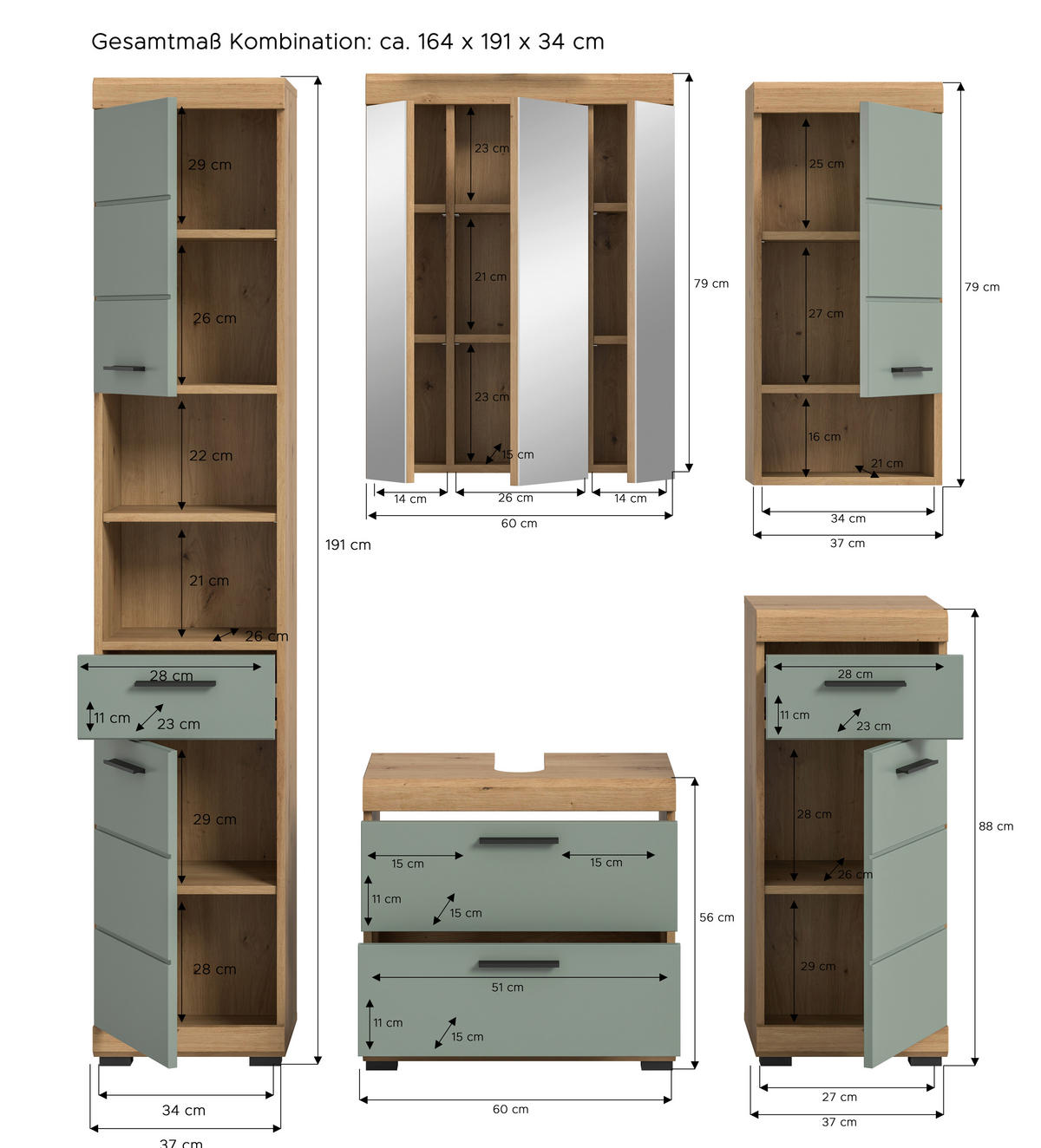 Badezimmer-Set Scout Eiche Artisan Nachbildung salbei Nachbildung B/H/T: ca. 164x191x37 cm Scout - Eiche/salbei (164,00/191,00/37,00cm) - xonox.home