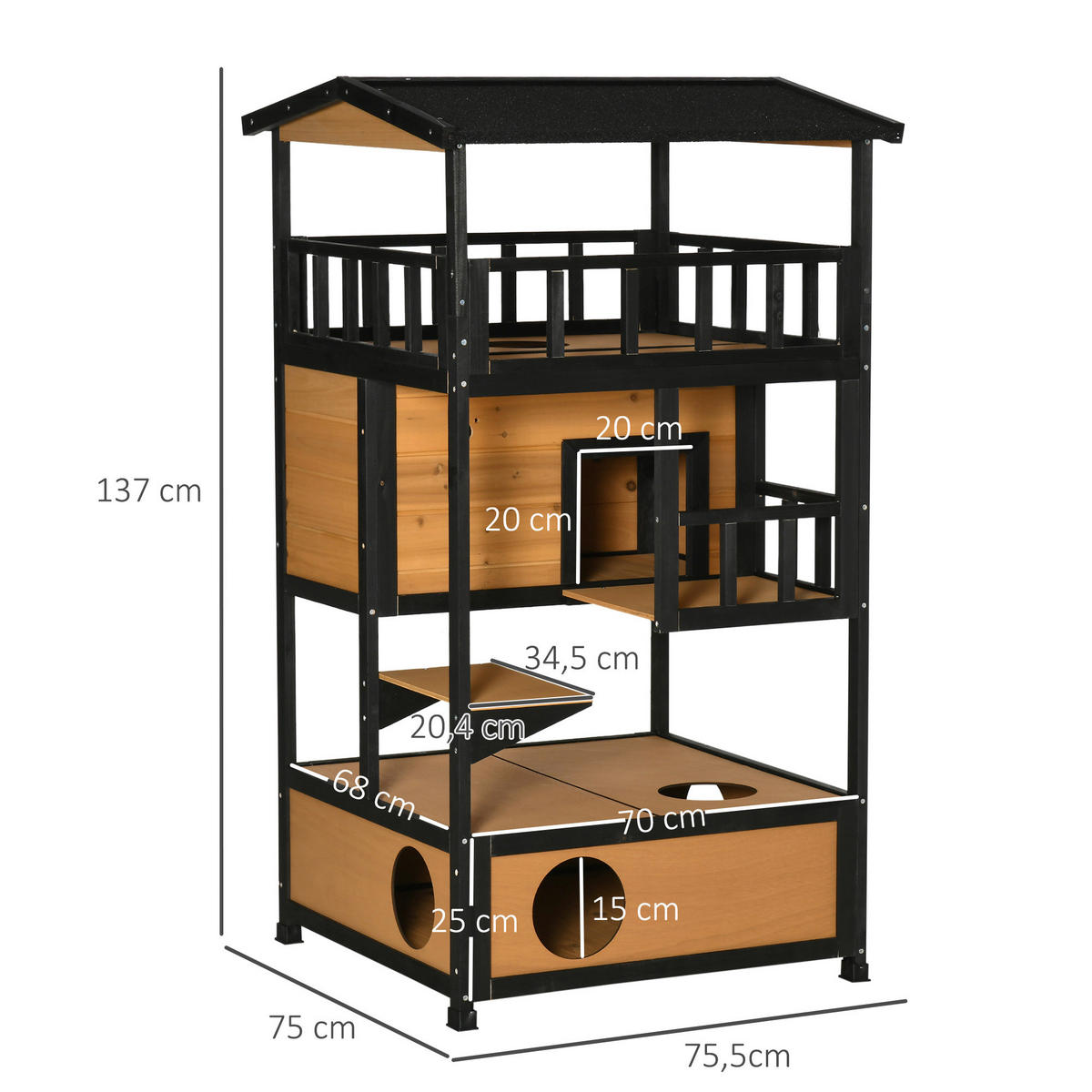 PawHut Katzenhaus schwarz Holz B/H/L: ca. 75x137x75,5 cm Katzenhaus - gelb/schwarz (75,50/75,00/137,00cm) - PawHut