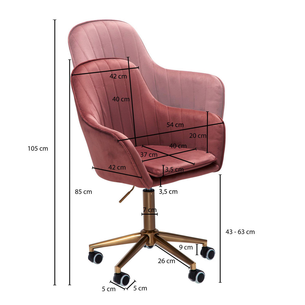 Drehstuhl rosa Bürostuhl - rosa (52,00/105,00/54,00cm) - Amstyle