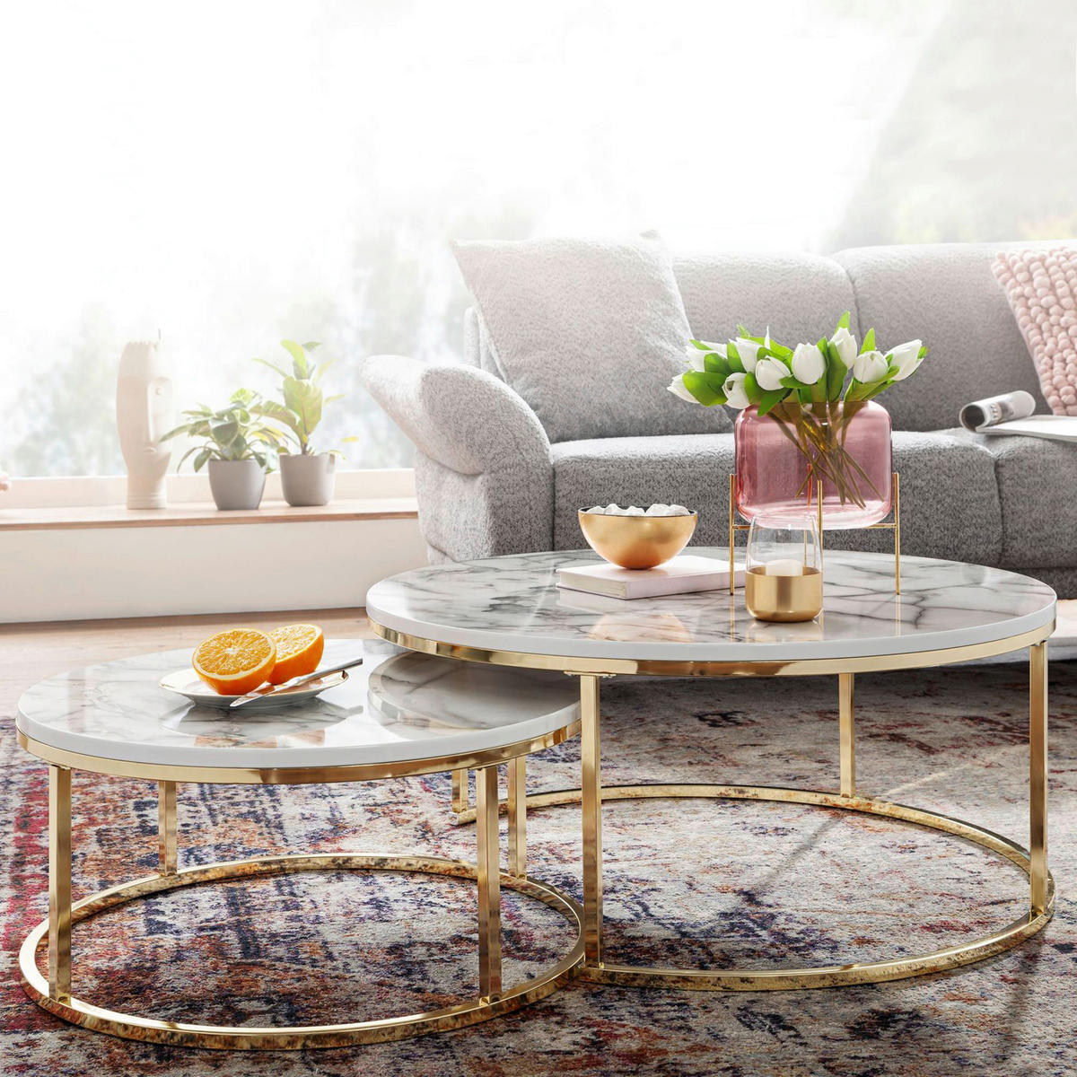 Couchtisch 2er-Set weiß Marmor Optik gold lackiert 2er-Set - gold/weiß - Wohnling