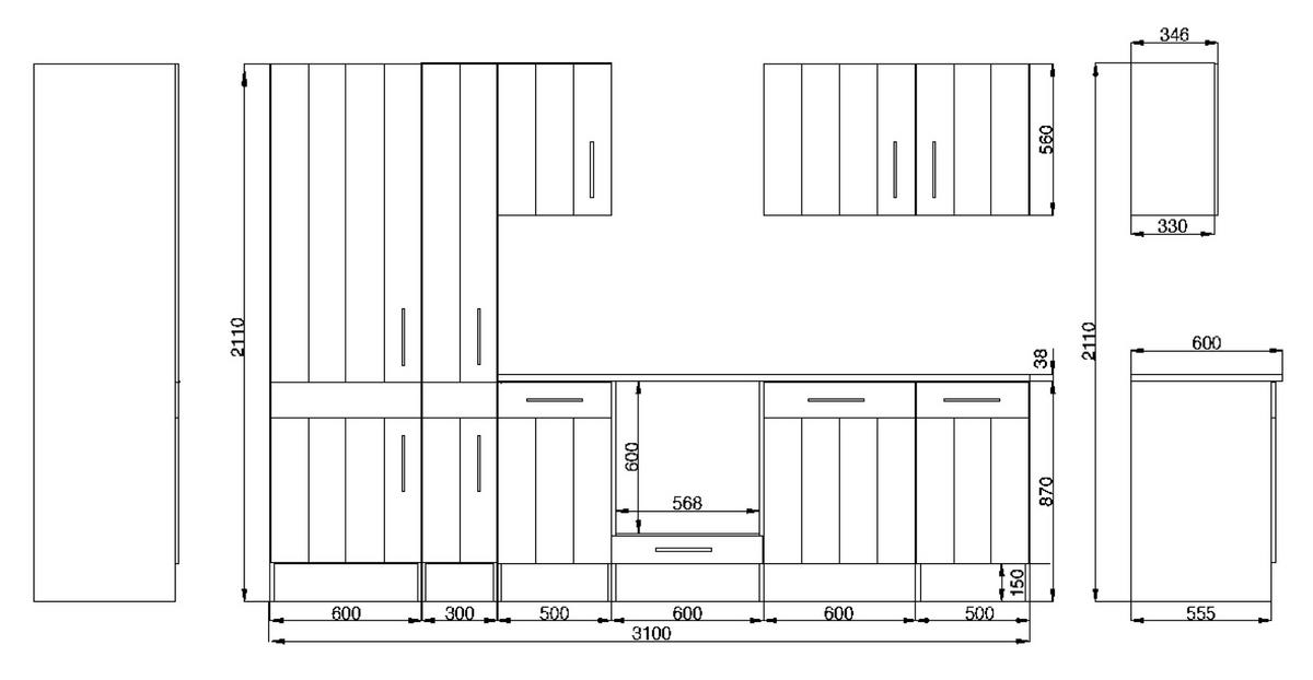Respekta Küchenblock Premium weiß matt B/H/T: ca. 310x211x60 cm Premium - weiß (310,00/211,00/60,00cm) - Respekta