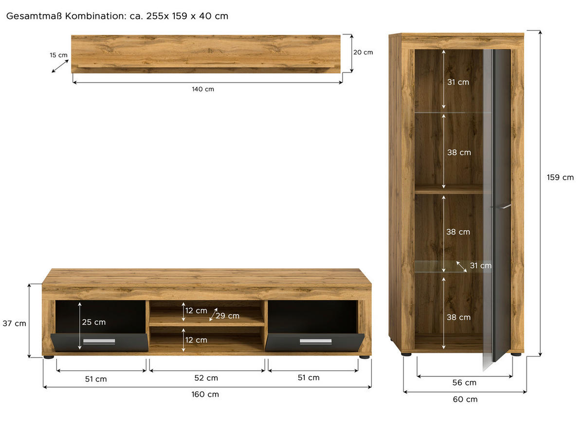 Wohnwand Jam Eiche Wotan Nachbildung grau B/H/T: ca. 235x159x35 cm Jam - Eiche/grau (235,00/159,00/35,00cm) - xonox.home