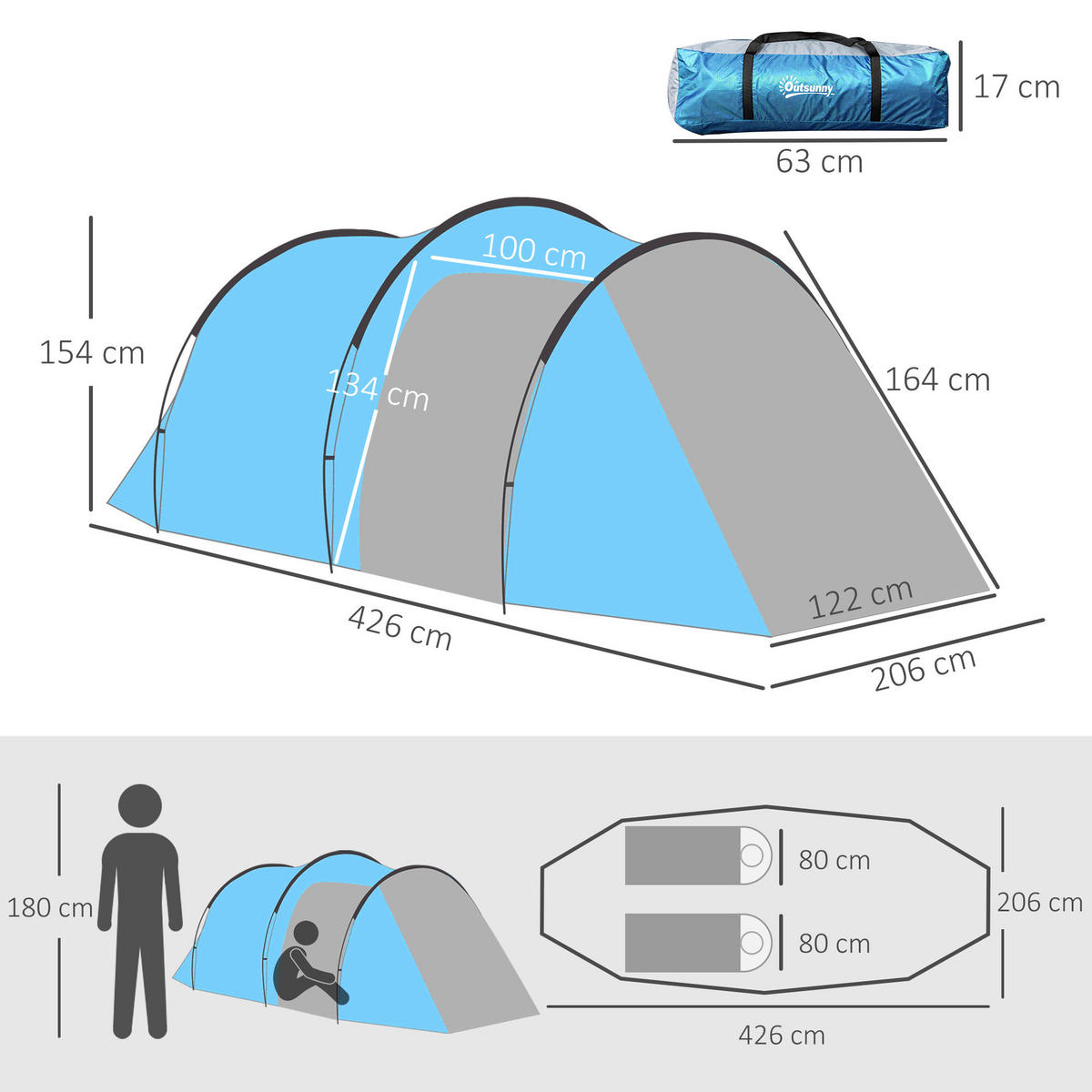 Outsunny Campingartikel B/H/L: ca. 206x426x154 cm Campingzelt - hellblau (154,00/206,00/426,00cm) - Outsunny