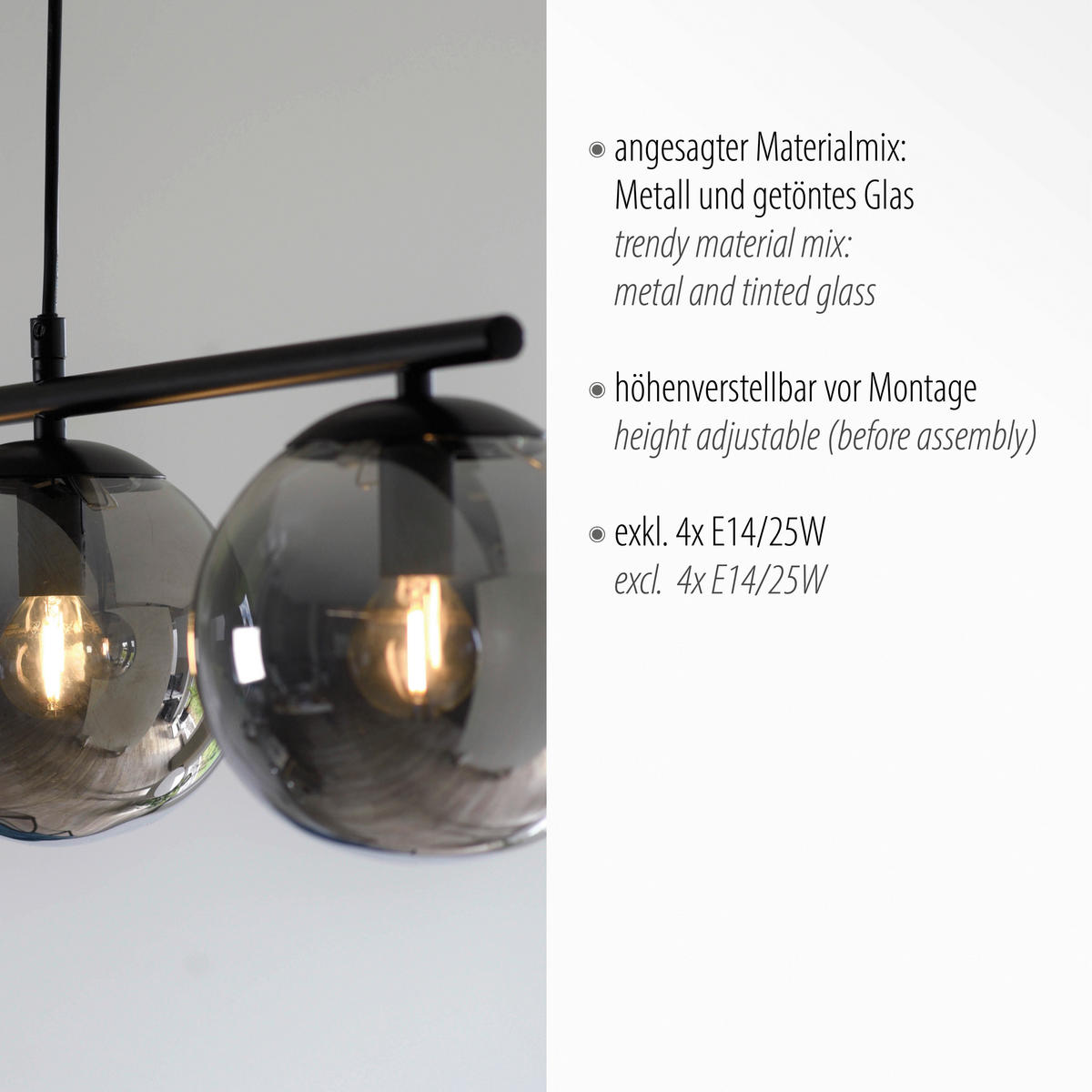 Just Light Pendelleuchte BIG WIDOW 14604-18 schwarz Metall Rauchglas B/H: ca. 100x150 cm E14 4 Brennstellen BIG WIDOW - schwarz (100,00/150,00cm) - Just Light